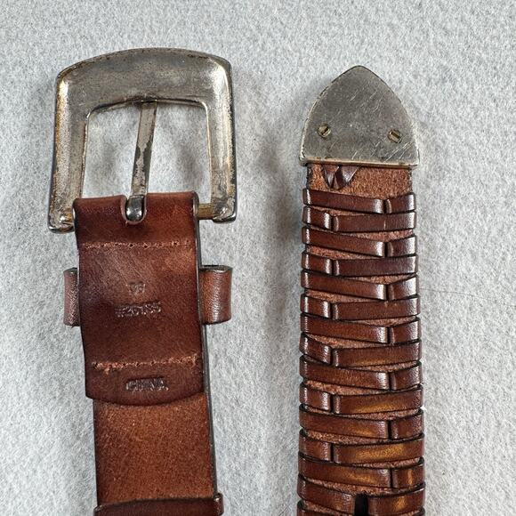 IZOD Men’s Brown Woven Leather Belt 36 Distressed Silver Buckle & Tip 90s VTG - Picture 3 of 8